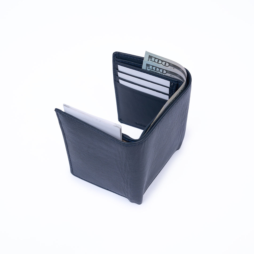 Genuine Leather RFID Tri Fold Wallet - Navy Blue