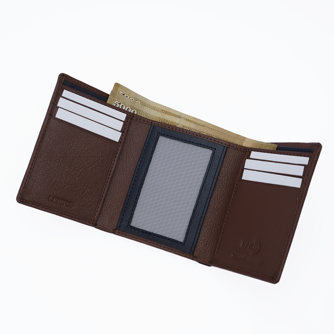 Genuine Leather RFID Tri Fold Wallet - Tan