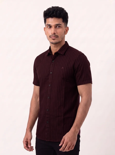 Slim Fit Cotton Linen Stripes S/S Shirt - Dark Maroon