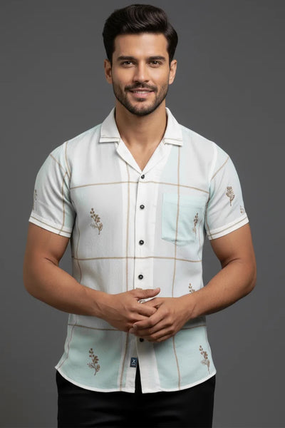 Slim Fit Printed S/S Shirt - White | Beige