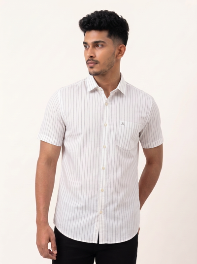 Slim Fit Cotton Stripe S/S Shirt - White