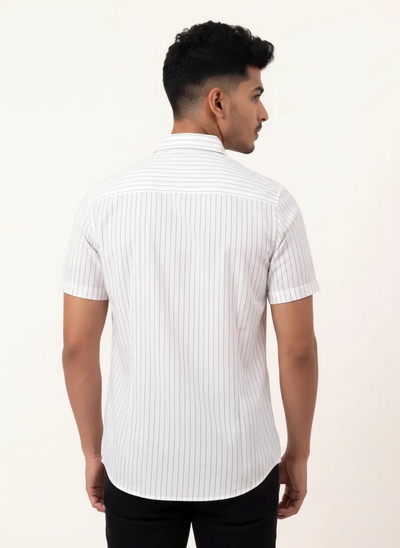 Slim Fit Cotton Stripe S/S Shirt - White