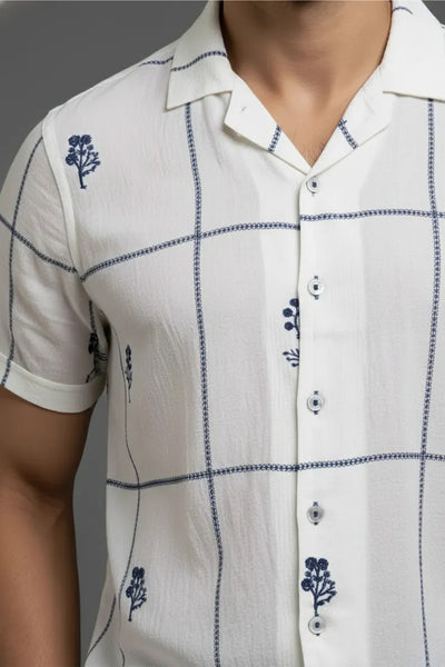 Slim Fit Printed S/S Shirt - White | Navy Blue