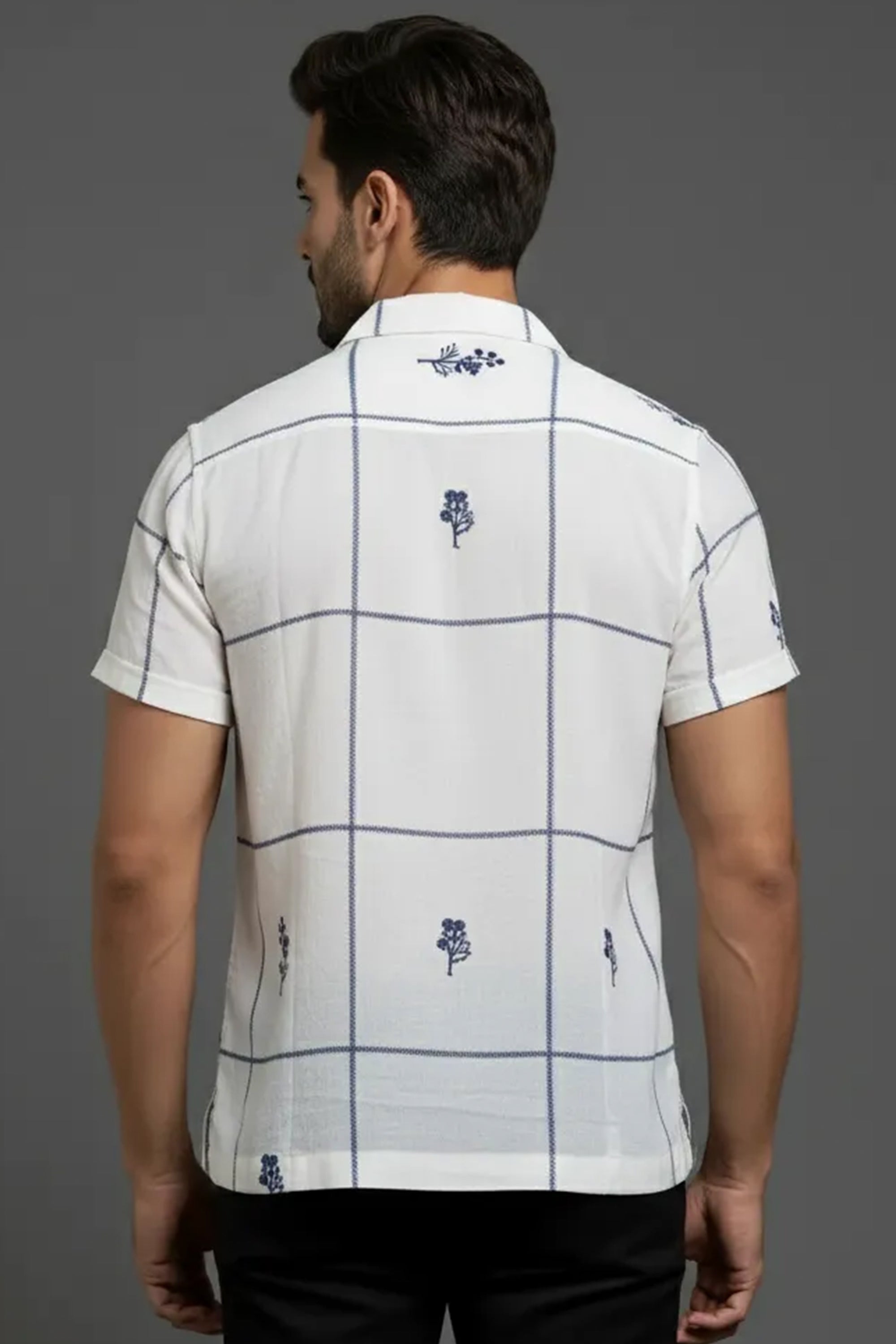 Slim Fit Printed S/S Shirt - White | Navy Blue