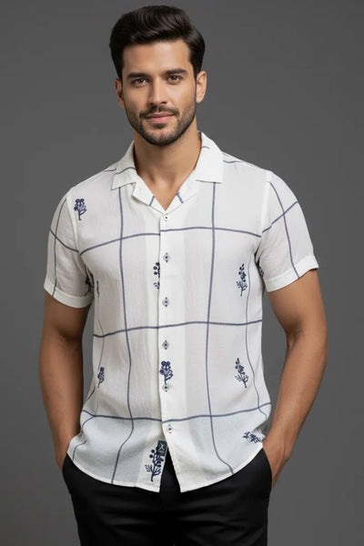 Slim Fit Printed S/S Shirt - White | Navy Blue