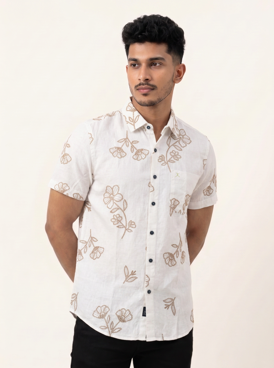 Slim Fit Cotton Floral Printed S/S Shirt - White