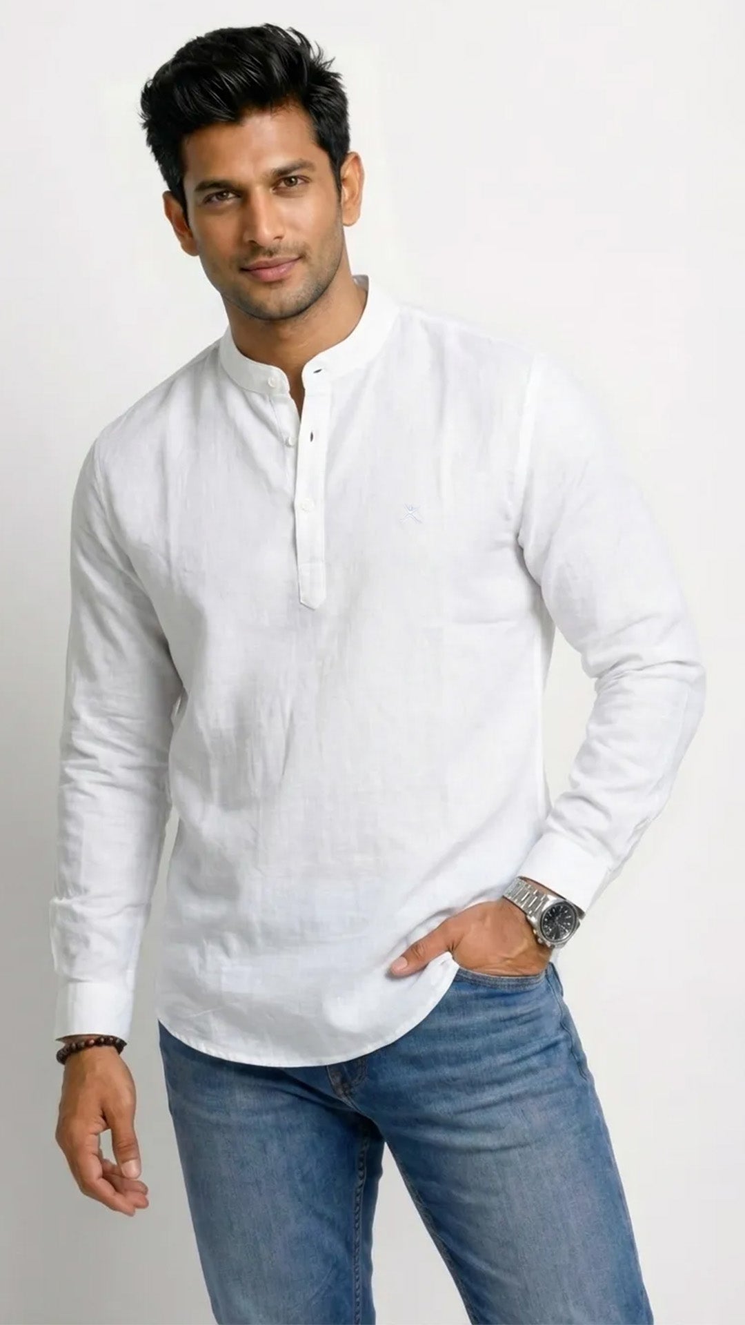 Slim Fit Cotton Linen Plain L/S Half Kurta
