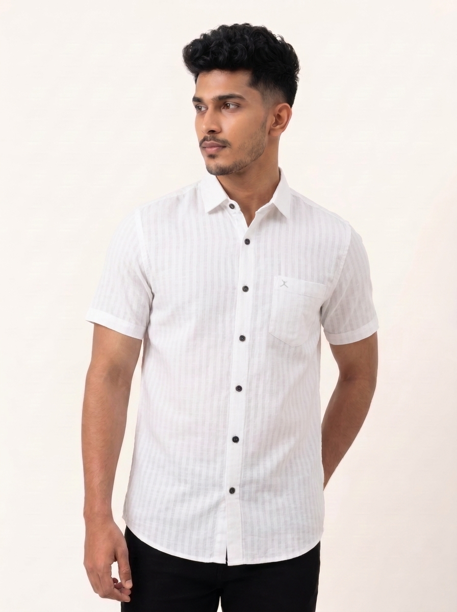 Regular Fit Cotton Linen Stripe S/S Shirt - White