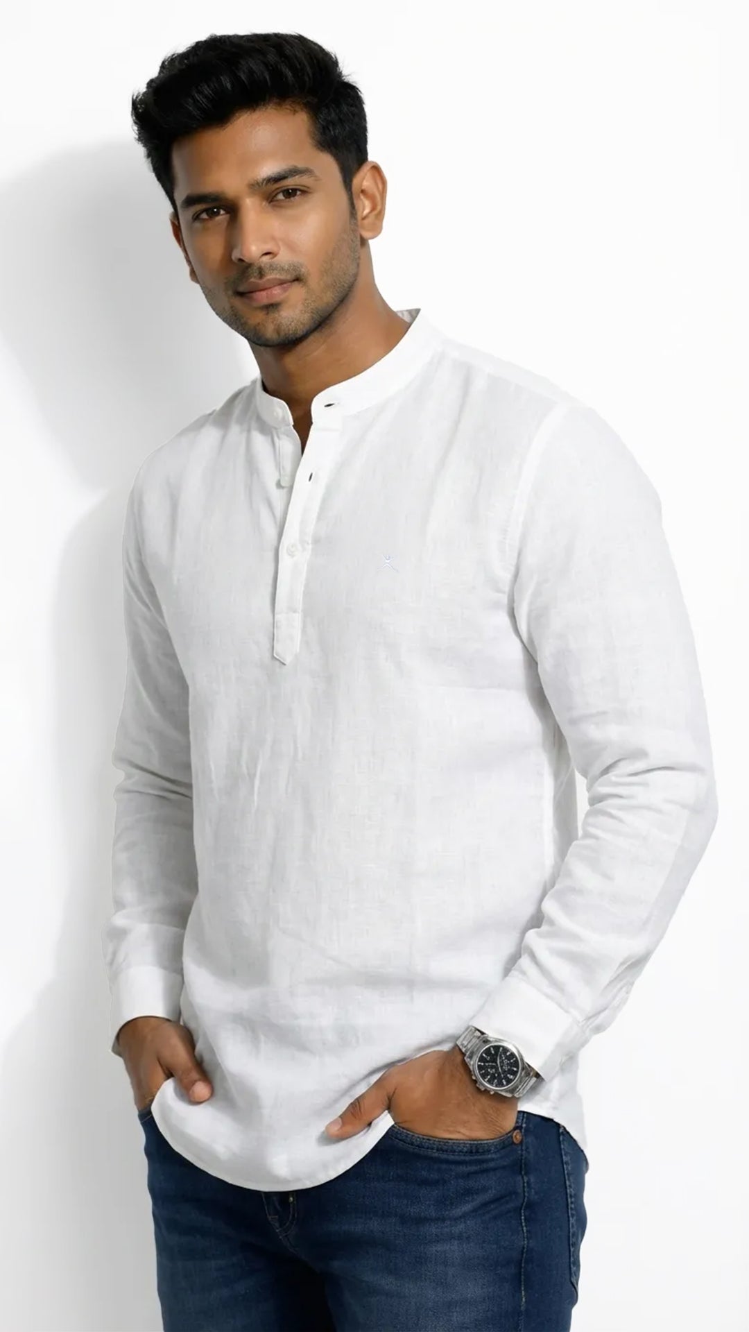 Slim Fit Cotton Plain L/S Half Kurta