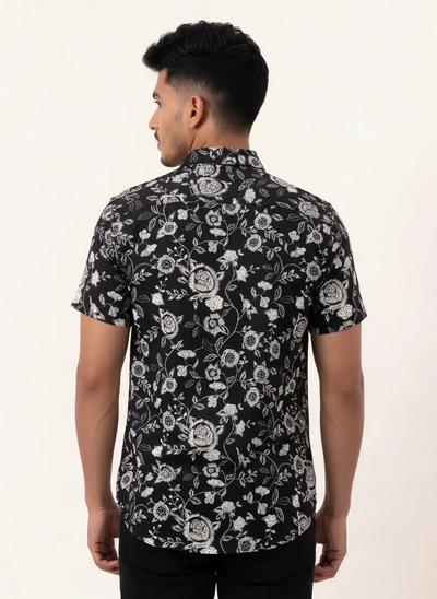 Slim Fit Cotton Printed S/S Shirt - Black