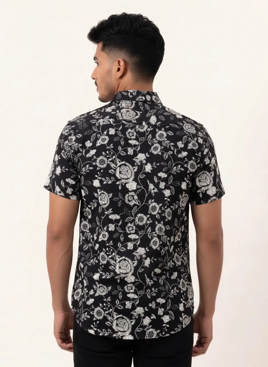 Slim Fit Cotton Printed S/S Shirt - Black