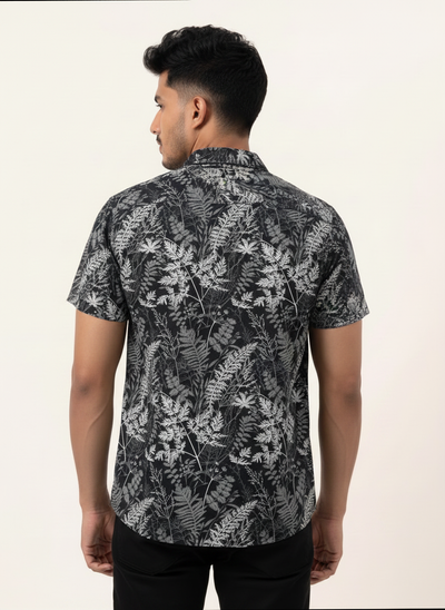 Slim Fit Cotton Printed Cuban Collar Shirt - S/S - Dark Gray