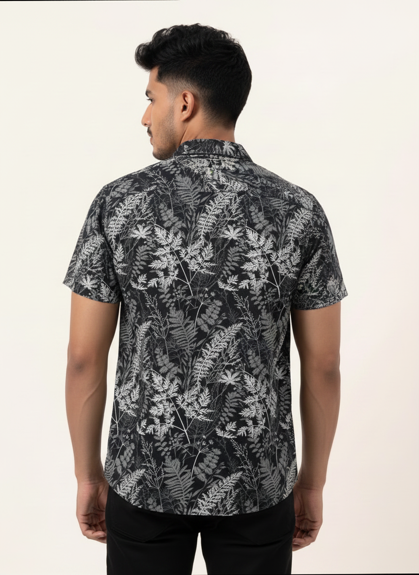 Slim Fit Cotton Printed Cuban Collar Shirt - S/S - Dark Gray