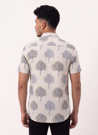 Slim Fit Cotton Printed S/S Shirt - Light Blue