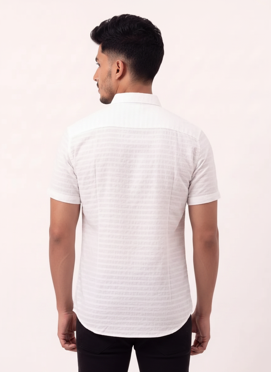 Slim Fit Cotton Stripes S/S Shirt - White