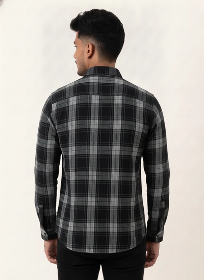 Slim Fit Cotton Check Double Pocket Shirt L/S - Black