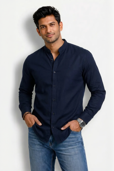 Slim Fit Cotton Plain L/S Shirt - Dark Blue