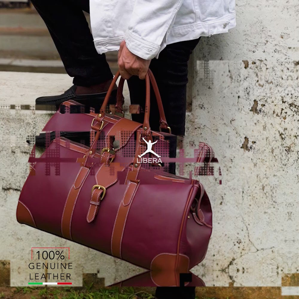 Load video: Cooper Leather Duffel - Maroon