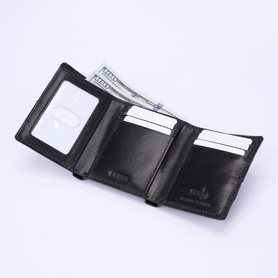 Italian Leather Tri Fold Wallet - Black
