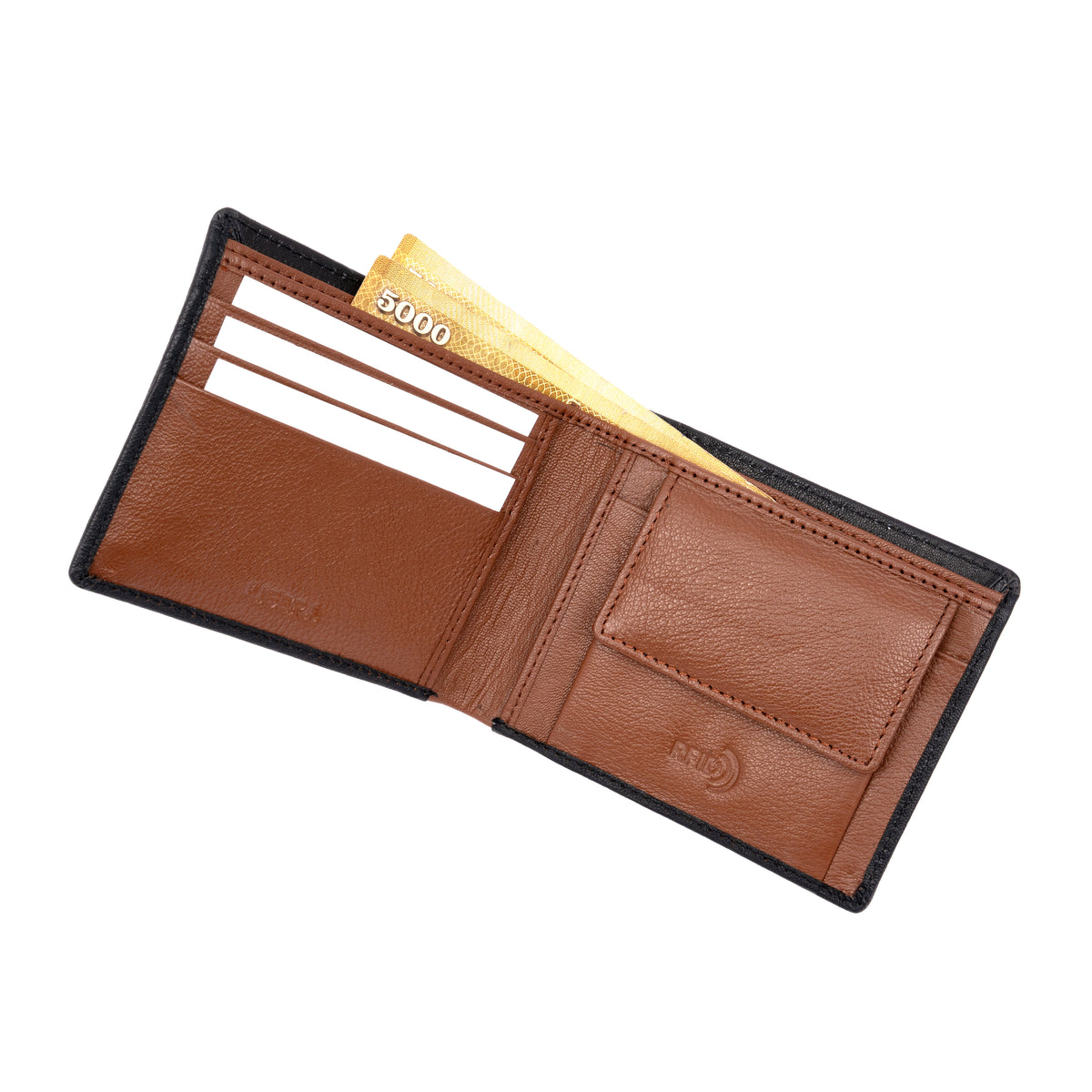 Genuine Leather Two Toned Coin Pocket Wallet - Black | Tan