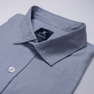 Regular Fit Short Sleeve Cotton Linen Plain - Light Blue