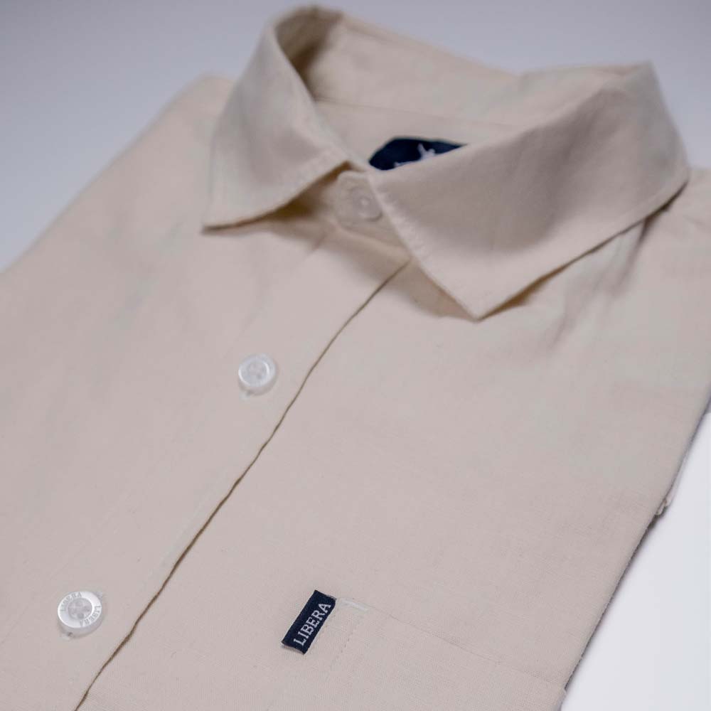 Regular Fit Short Sleeve Cotton Linen Plain – Cream | Libera