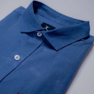 Regular Fit Short Sleeve Cotton Linen Plain - Blue