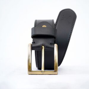 Gents Casual Gold Brass Buckle Leather Belt - Black