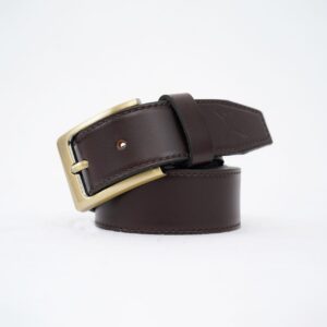 Gents Casual Gold Brass Buckle Leather Belt - Coffee Brown