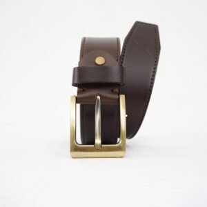 Gents Casual Gold Brass Buckle Leather Belt - Coffee Brown