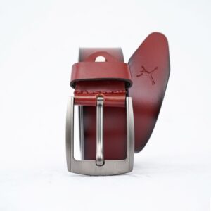 Gents Casual Silver Brass Buckle Leather Belt - Red Brown