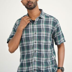 Slim Fit Linen Check Shirt - Dark Green