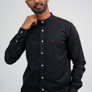 Slim Fit Tunic Collar Plain Shirt - Black