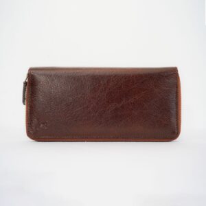 Leather Long Wallet with Zipper  - Coffee Brown