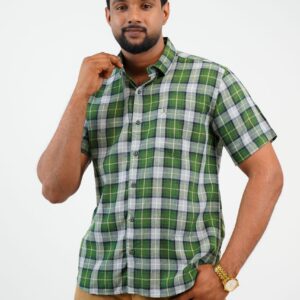 Slim Fit Linen Check Shirt - Light Green