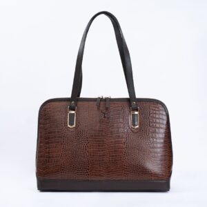 Leather Alligator Effect Office Bag - Dark Brown