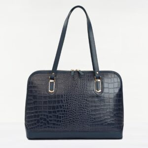Leather Alligator Effect Office Bag - Navy Blue
