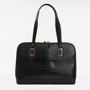 Leather Alligator Effect Office Bag - Black