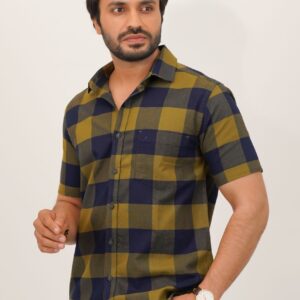 Slim Fit Cotton Check Shirt - Olive Green