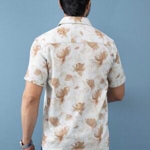 Slim Fit Cotton Leaf Printed Shirt – Beige