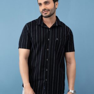 Slim Fit Cotton Linen Stripe Shirt - Black