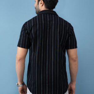 Slim Fit Cotton Linen Stripe Shirt - Black