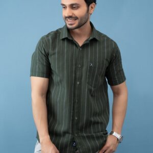 Slim Fit Cotton Linen Stripe Shirt - Green