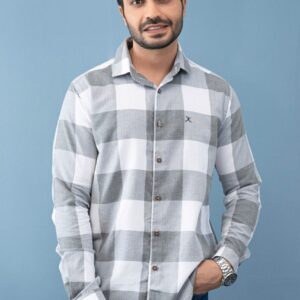 Slim Fit Cotton Check Shirt - Light Grey