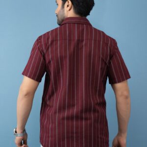 Slim Fit Cotton Linen Stripe Shirt - Maroon