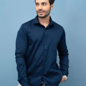 Slim Fit Cotton Solid Plain Stretch Shirt - Navy Blue