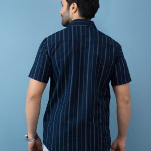 Slim Fit Cotton Linen Stripe Shirt - Navy Blue