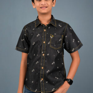 Cotton Bubble Printed Boys Shirt - Dark Grey