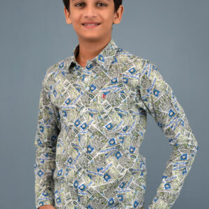 Cotton Long Sleeve Newspaper Printed Boys Shirt - Green