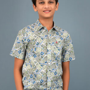 Cotton Newspaper Printed Boys Shirt - Green